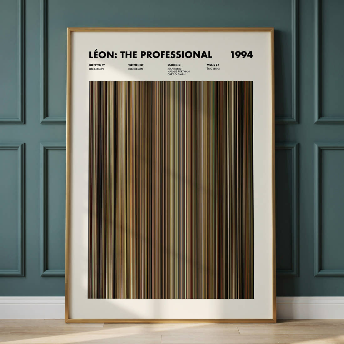 Léon: The Professional Movie Barcode Poster framed and leaning against a panelled wall