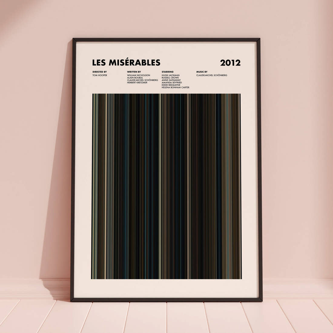 Les Misérables Movie Barcode Poster framed and leaning against a coloured wall