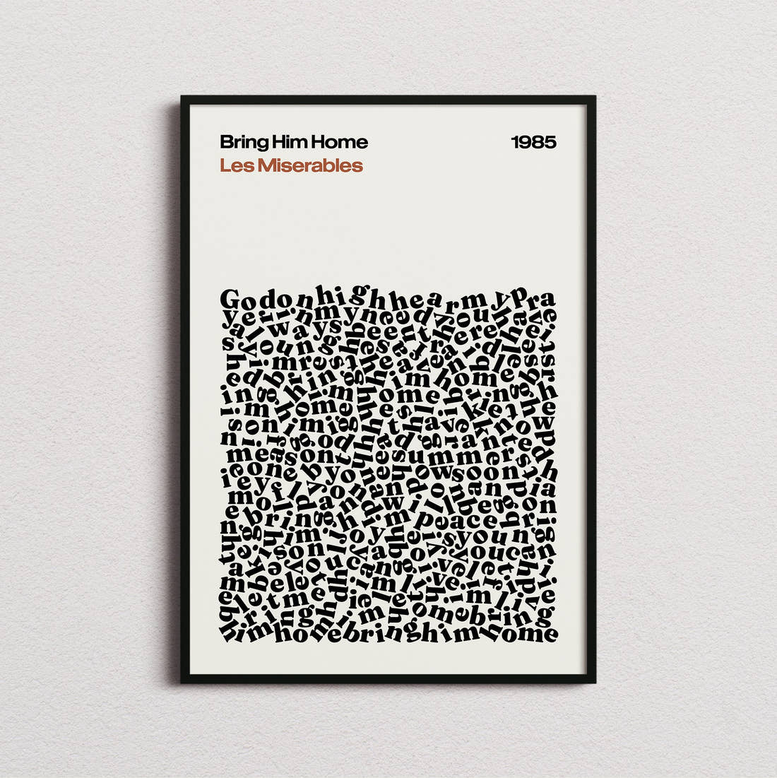 Les Miserables Bring Him Home Lyric Print in the cream colourway, framed