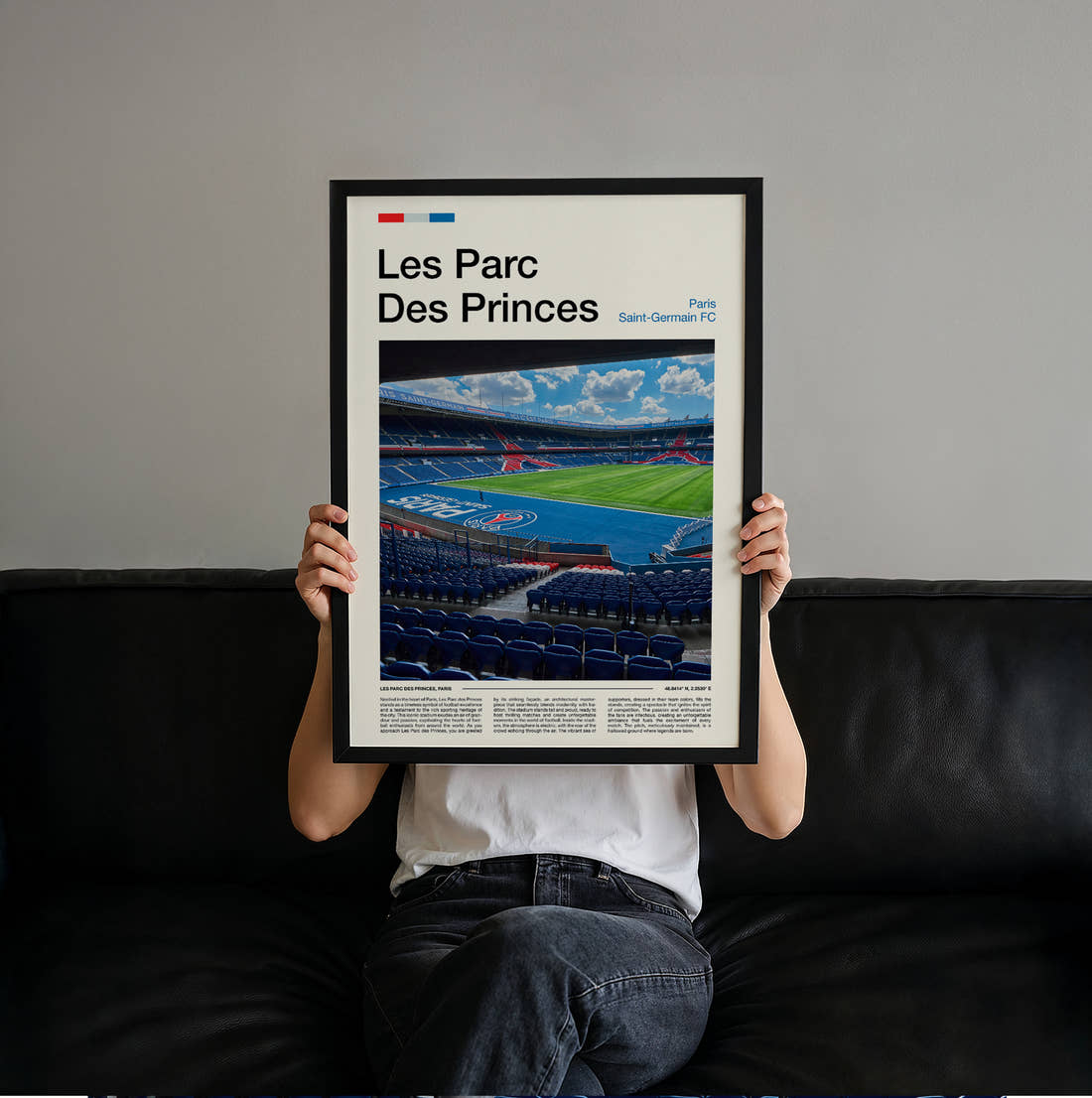 Les Parc Des Princes Stadium Print held up by hand to show the size of the print