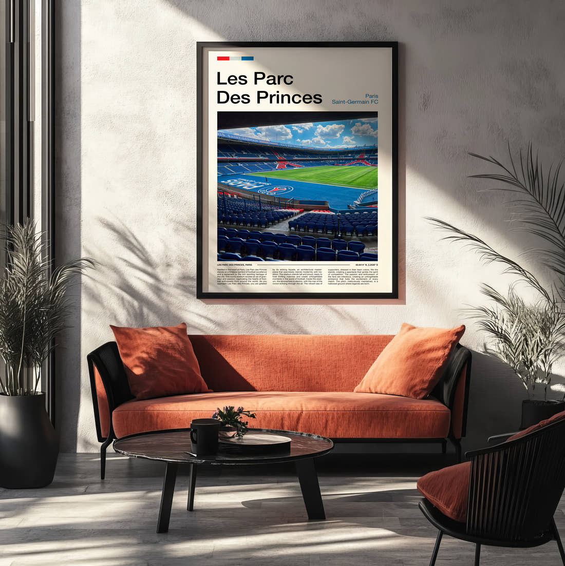 Les Parc Des Princes Stadium Print framed on the wall of a modern living room