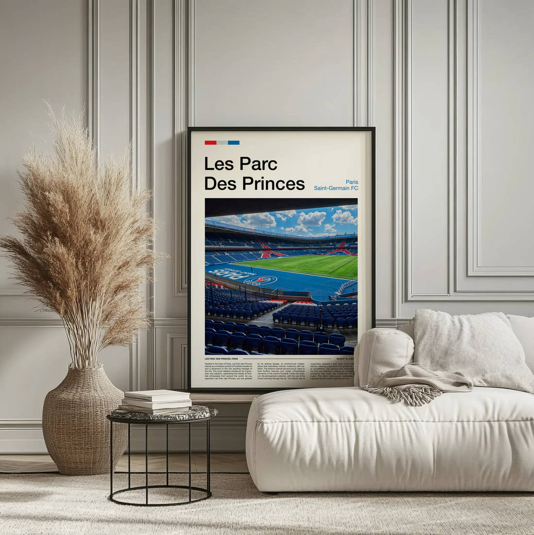 Les Parc Des Princes Stadium Print framed on the wall of a calm, neutral bedroom