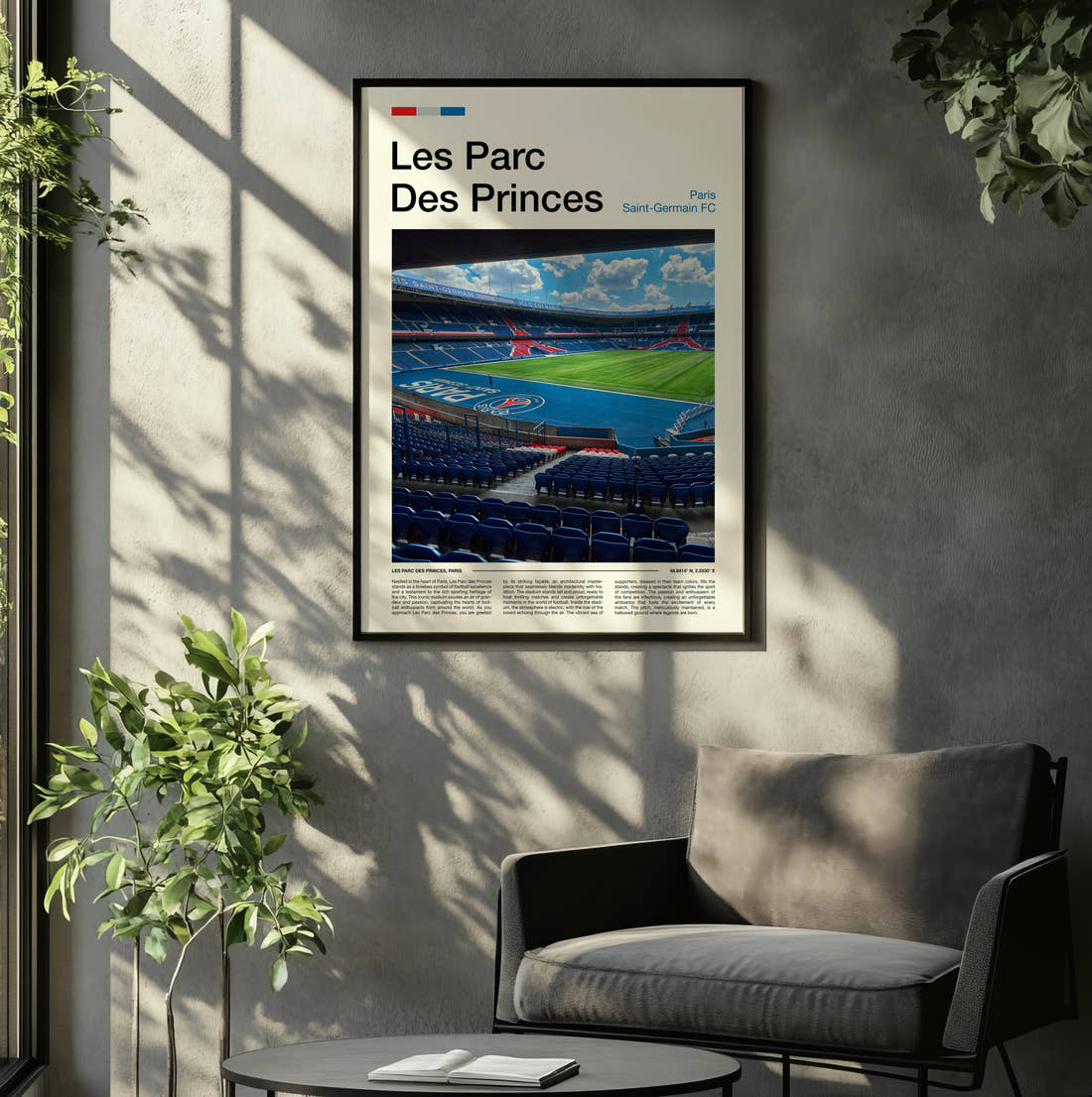 Les Parc Des Princes Stadium Print framed on the wall of a relaxed living room