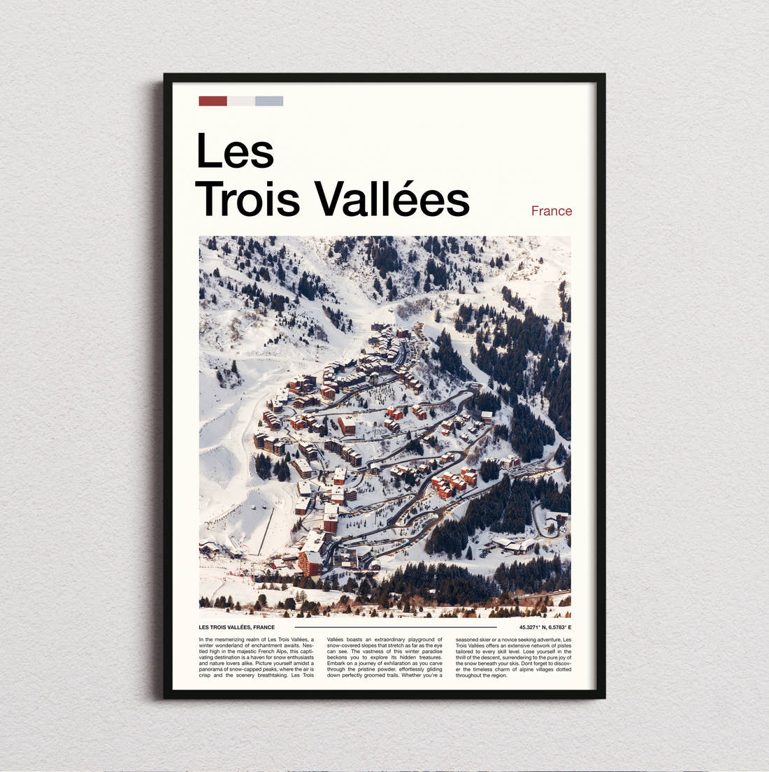 Les Trois Vallees Snowy Ski Village Travel Print framed and photographed straight on