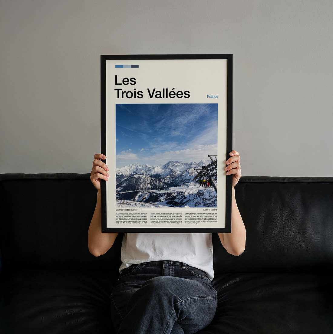 Les Trois Vallees Ski Lift Over Snow Travel Print held up by hand to show the size of the print