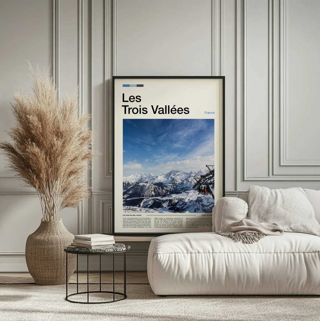 Les Trois Vallees Ski Lift Over Snow Travel Print framed on the wall of a calm, neutral bedroom