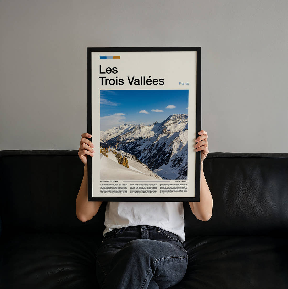 Les Trois Vallees Snowy Mountain Peaks Travel Print held up by hand to show the size of the print