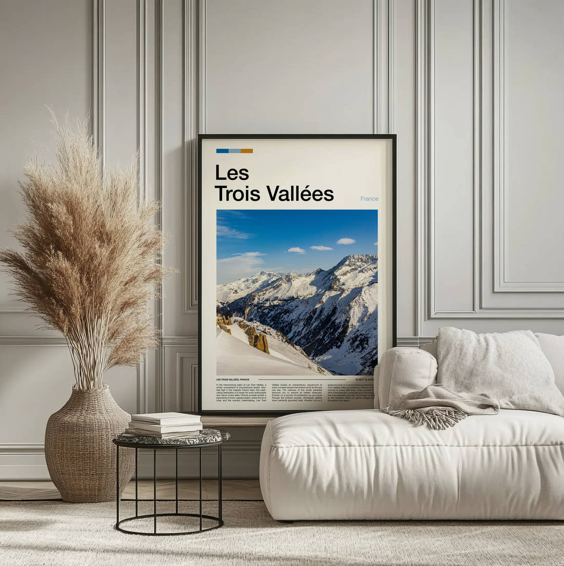Les Trois Vallees Snowy Mountain Peaks Travel Print framed on the wall of a calm, neutral bedroom