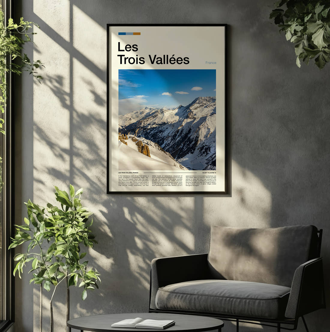 Les Trois Vallees Snowy Mountain Peaks Travel Print framed on the wall of a relaxed living room