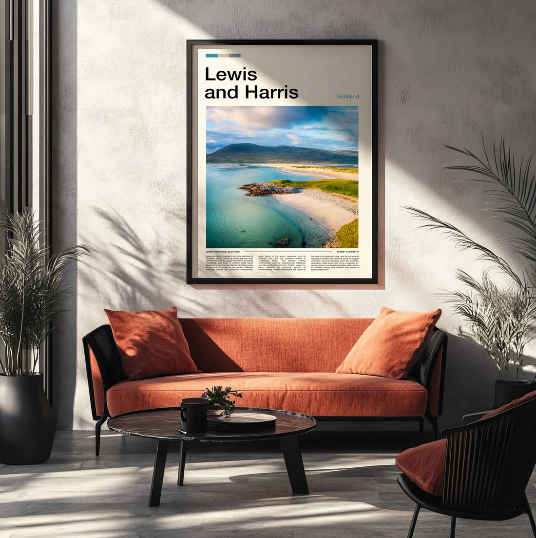 Lewis And Harris Travel Print framed on the wall of a modern living room