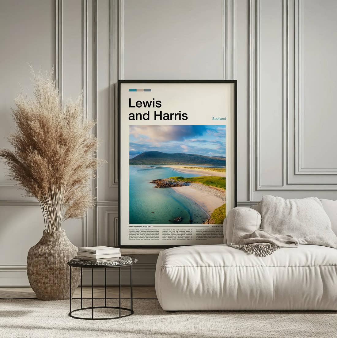 Lewis And Harris Travel Print framed on the wall of a calm, neutral bedroom