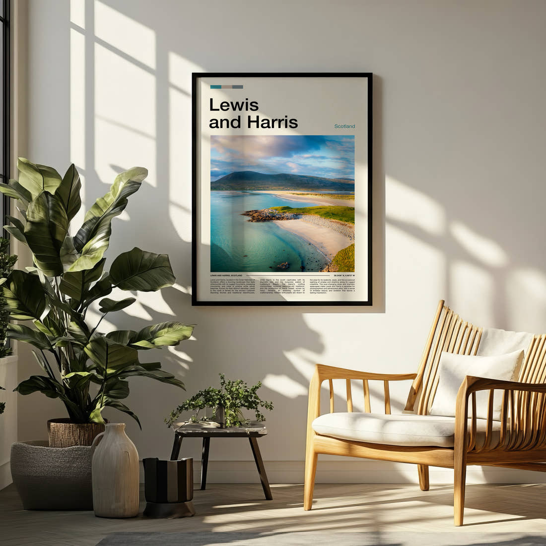 Lewis And Harris Travel Print framed on a pale wall beside houseplants