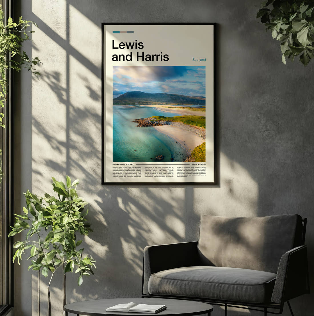 Lewis And Harris Travel Print framed on the wall of a relaxed living room