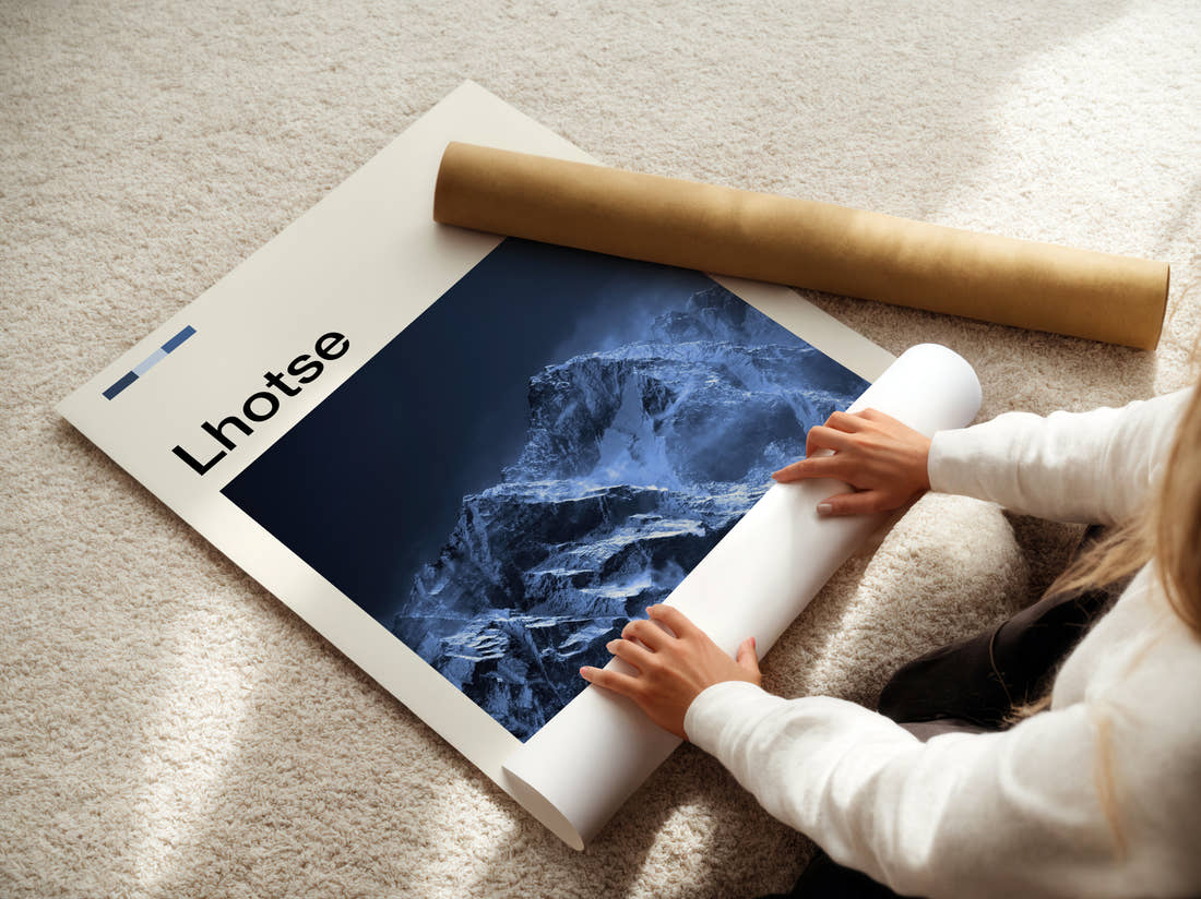 Lhotse Snowy Mountain Face Travel Print being unrolled from its postal tube