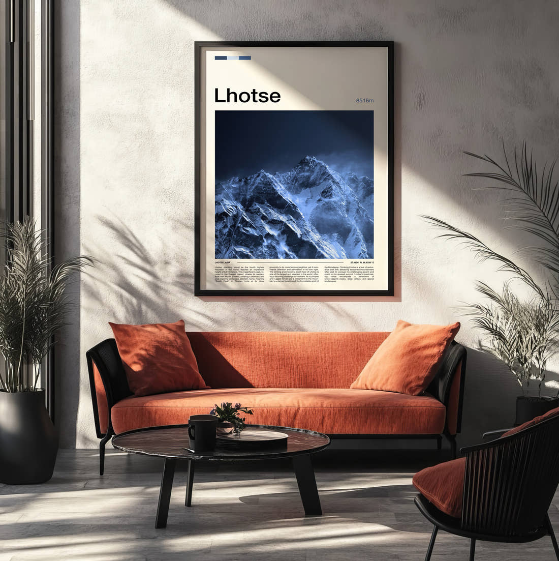 Lhotse Snowy Mountain Face Travel Print framed on the wall of a modern living room