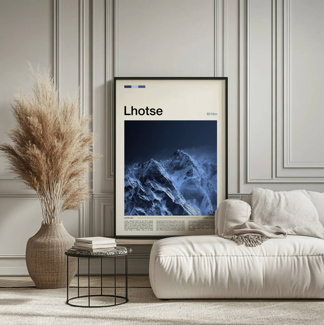 Lhotse Snowy Mountain Face Travel Print framed on the wall of a calm, neutral bedroom