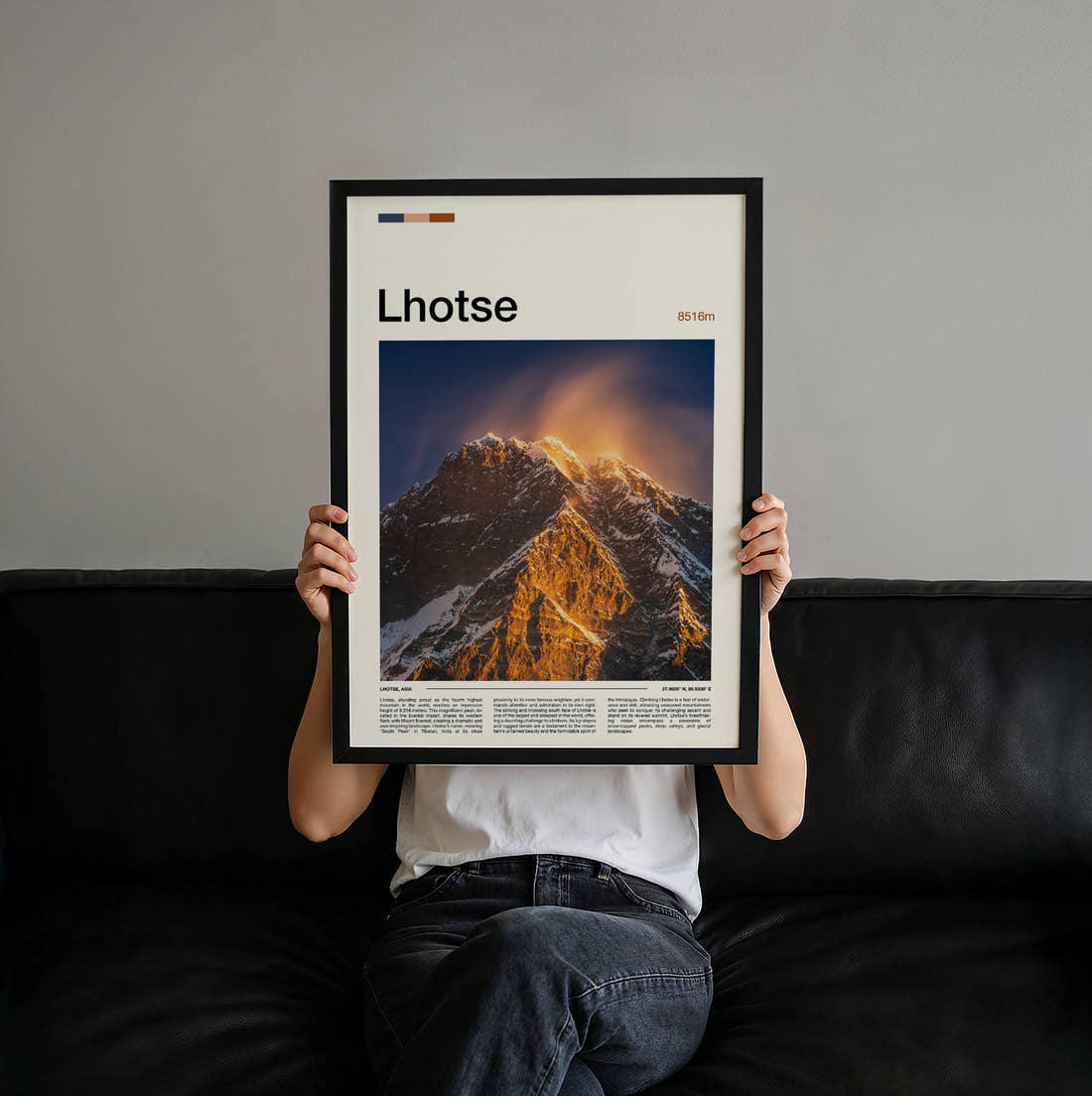 Lhotse Snow Plume At Sunrise Travel Print held up by hand to show the size of the print