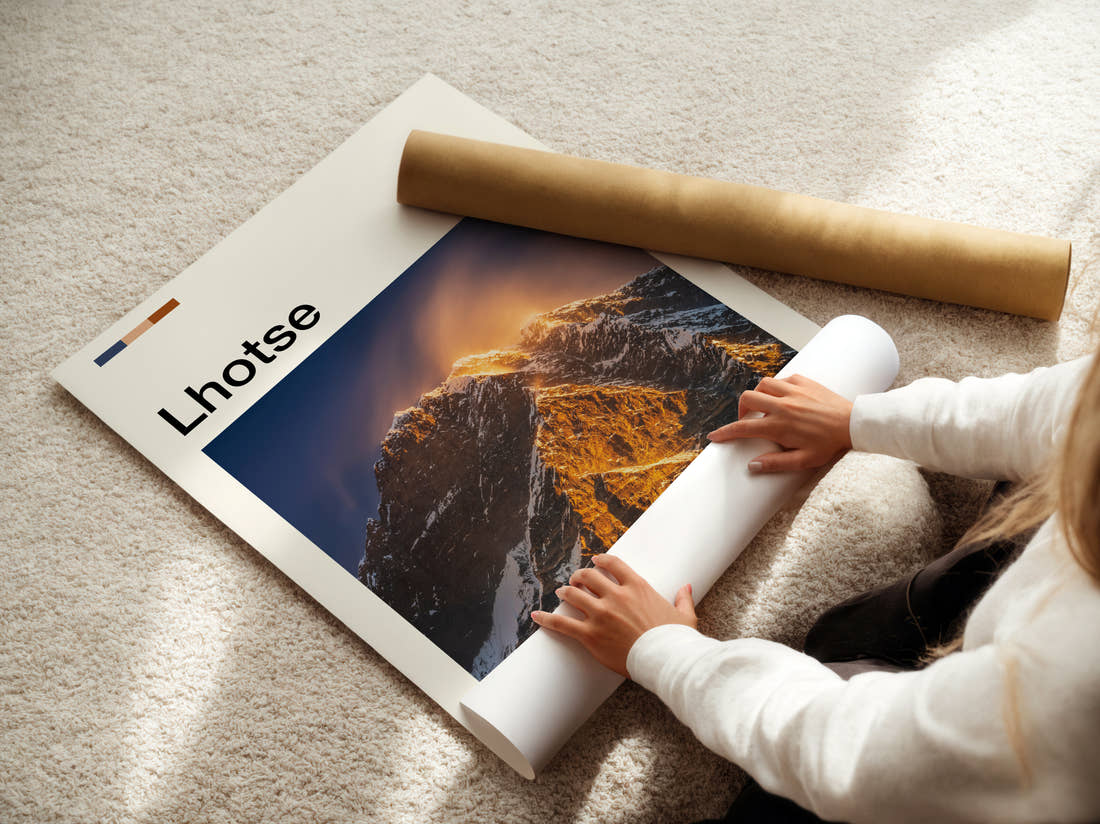 Lhotse Snow Plume At Sunrise Travel Print being unrolled from its postal tube