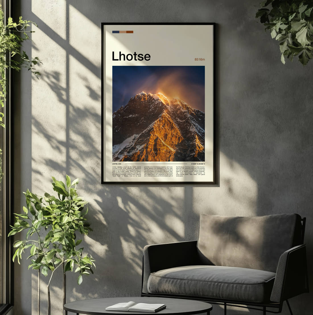 Lhotse Snow Plume At Sunrise Travel Print framed on the wall of a relaxed living room