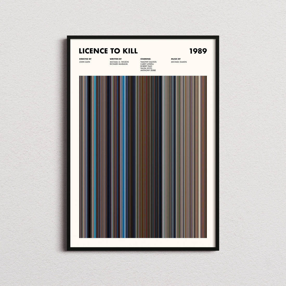 Licence to Kill Movie Barcode Poster framed on a plain studio wall