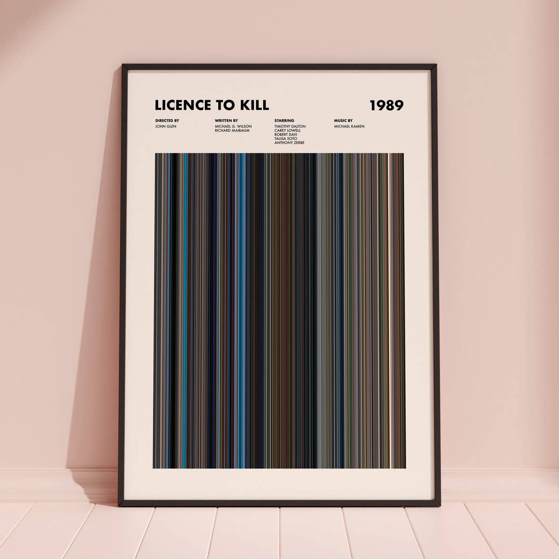 Licence to Kill Movie Barcode Poster framed and leaning against a coloured wall