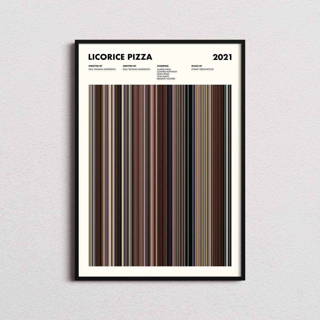 Licorice Pizza Movie Barcode Poster framed on a plain studio wall
