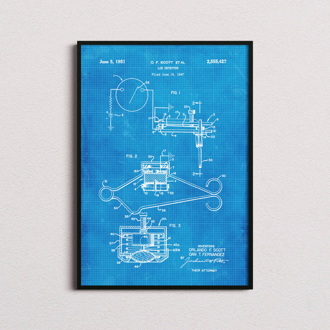 Lie Detector Patent Print in the blueprint colourway, framed