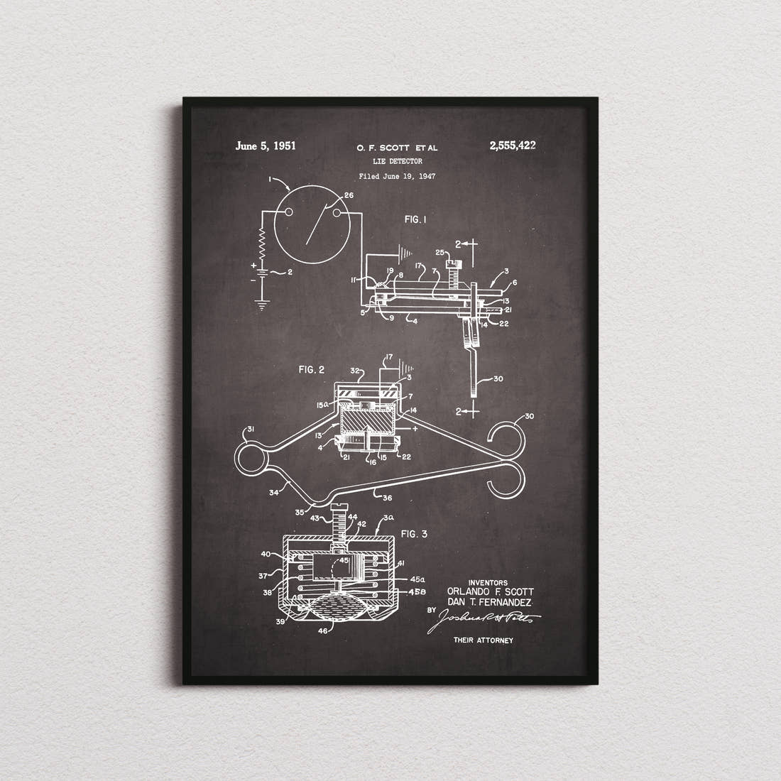 Lie Detector Patent Print in the blackboard colourway, framed