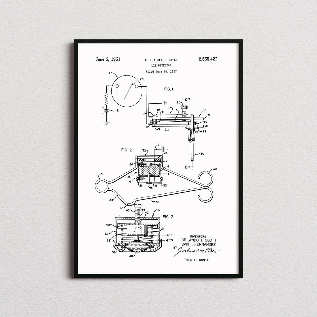 Lie Detector Patent Print in the white colourway, framed