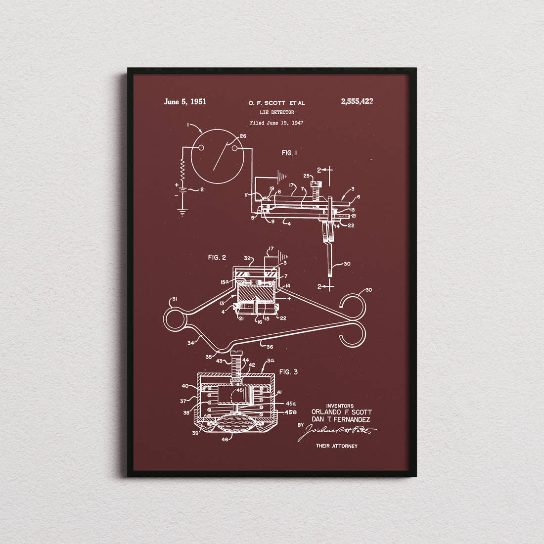 Lie Detector Patent Print in the burgundy colourway, framed