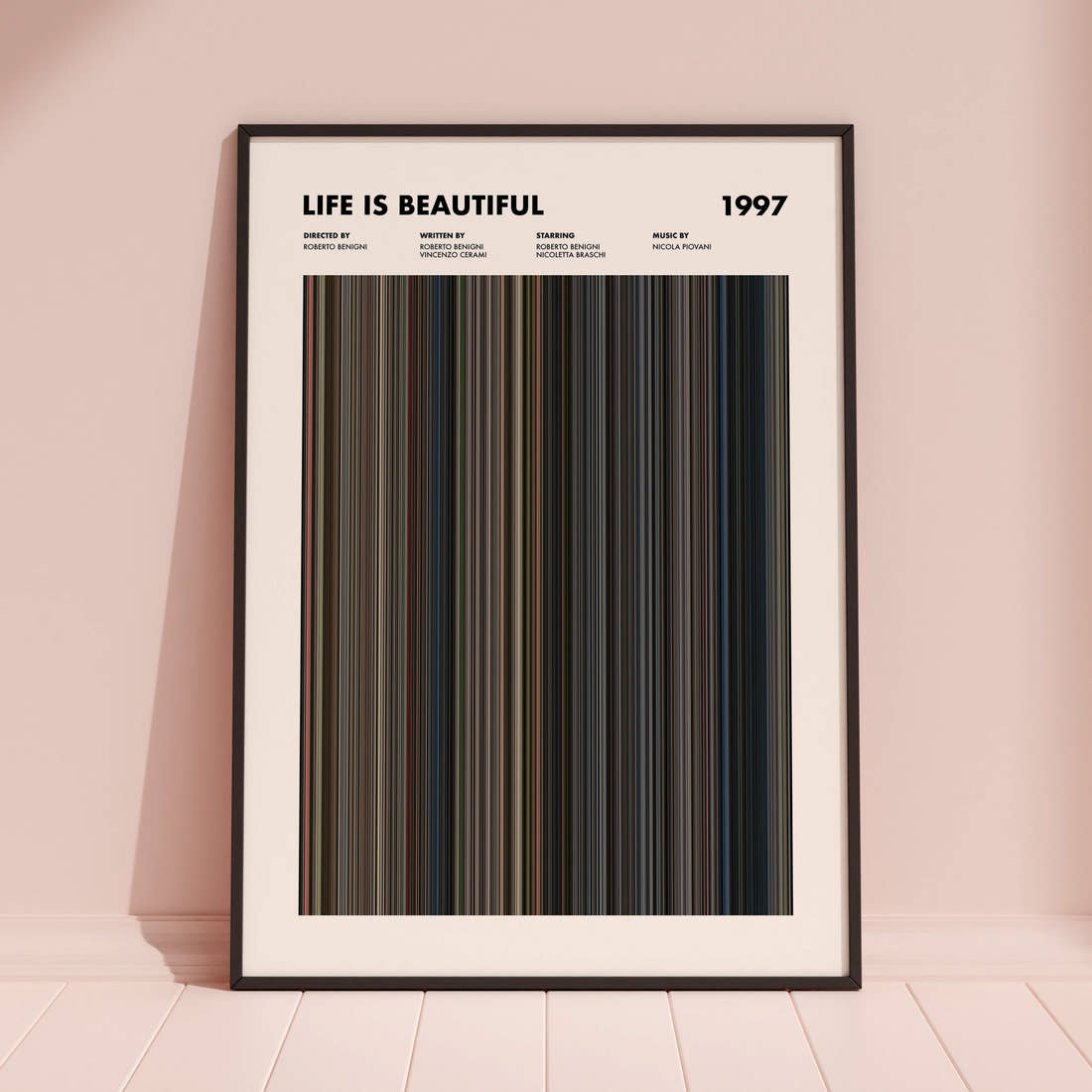 Life Is Beautiful Movie Barcode Poster framed and leaning against a coloured wall