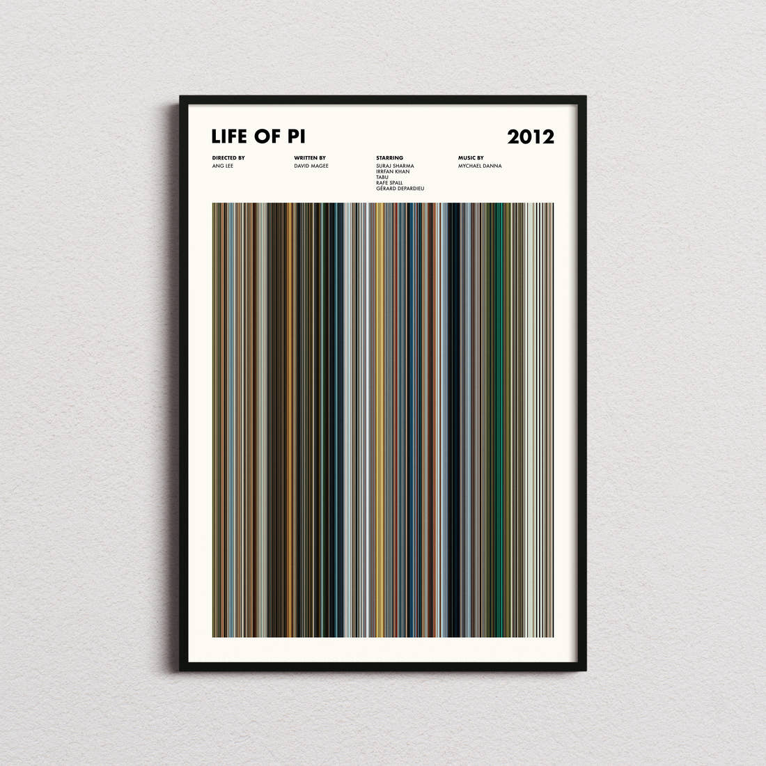 Life of Pi Movie Barcode Poster framed on a plain studio wall