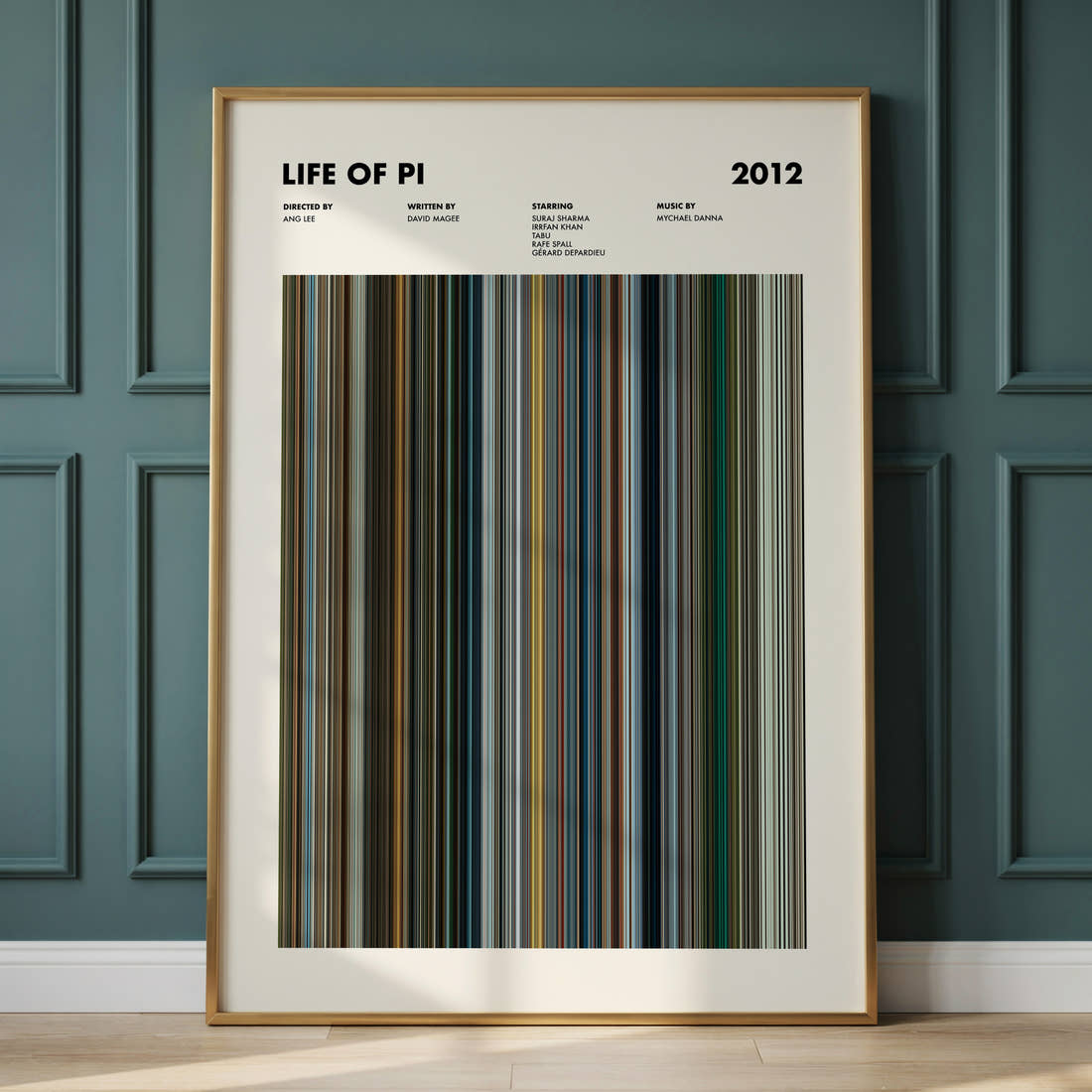 Life of Pi Movie Barcode Poster framed and leaning against a panelled wall