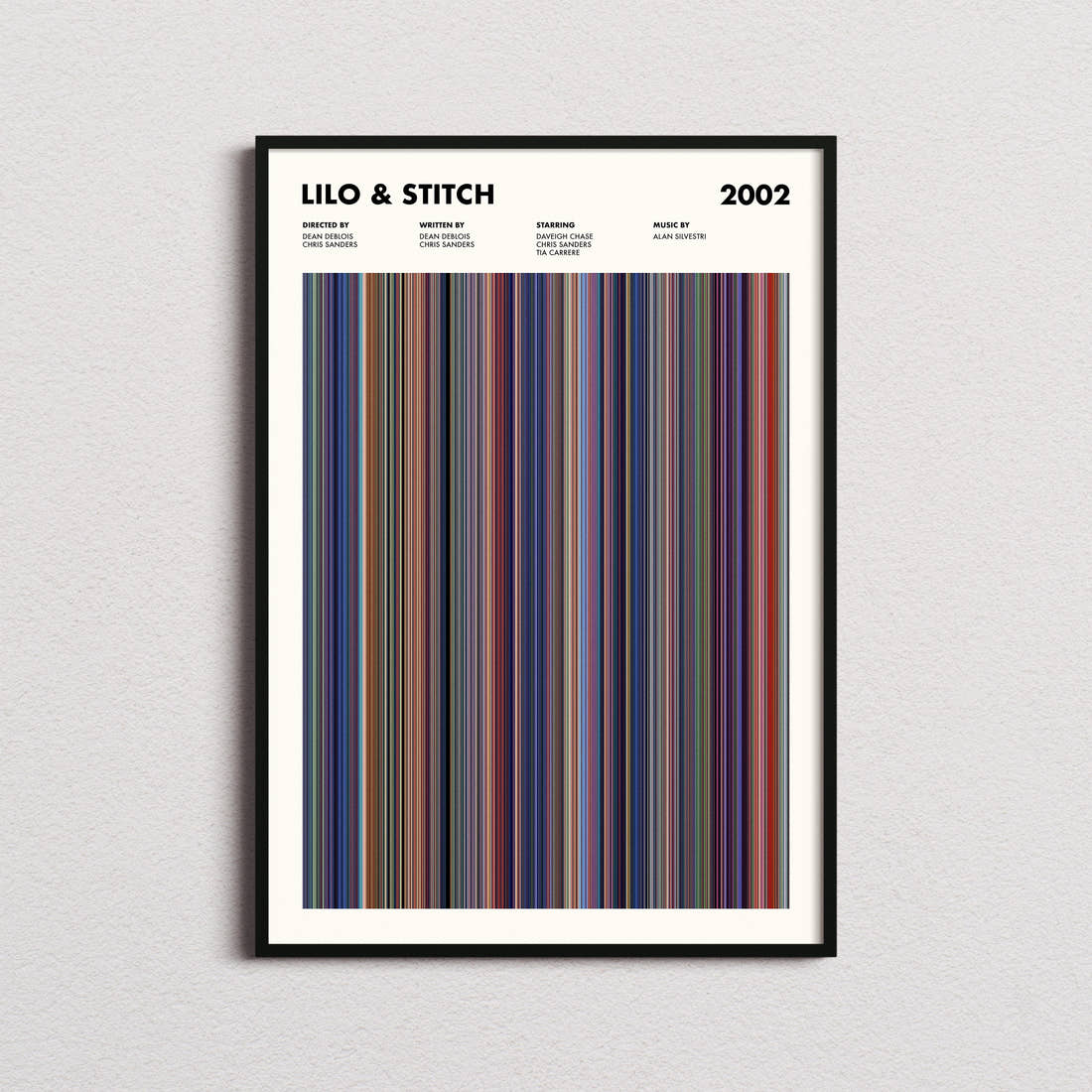 Lilo & Stitch Movie Barcode Poster framed on a plain studio wall