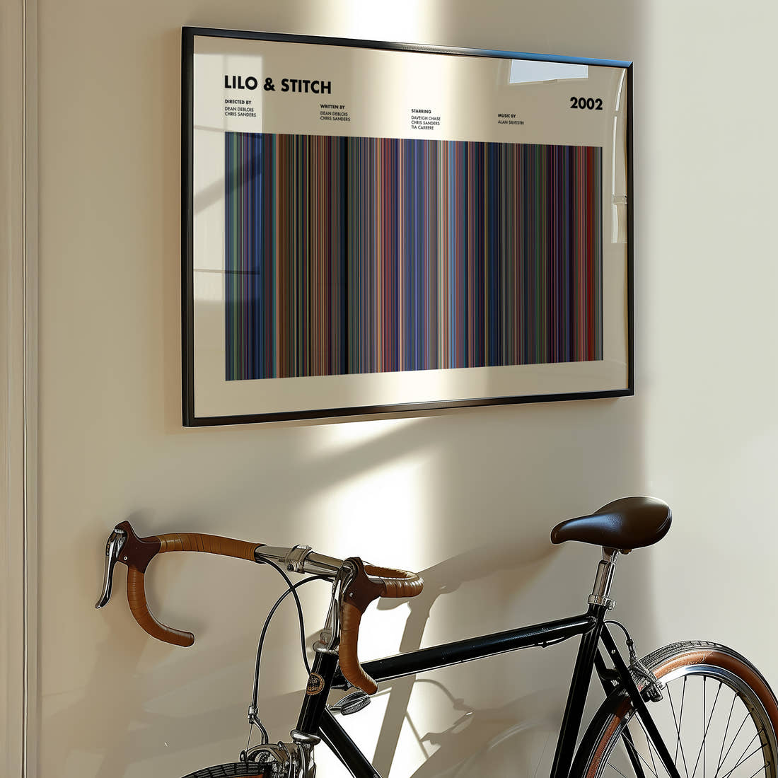 Lilo & Stitch Movie Barcode Poster framed on the wall of a styled room setting
