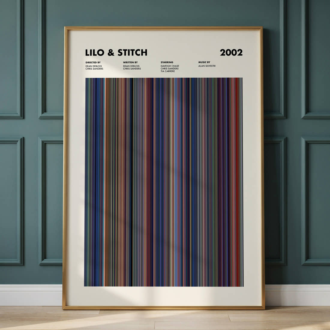 Lilo & Stitch Movie Barcode Poster framed and leaning against a panelled wall