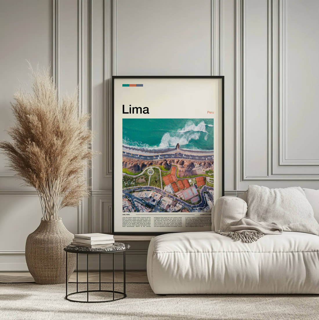 Lima Coastal Cliffs From Above Travel Print framed on the wall of a calm, neutral bedroom