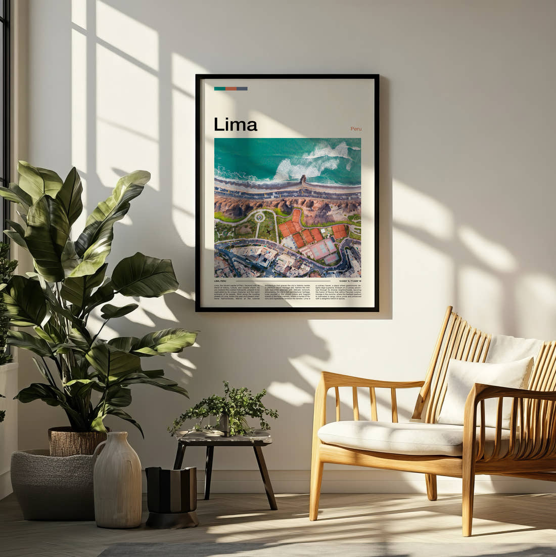 Lima Coastal Cliffs From Above Travel Print framed on a pale wall beside houseplants