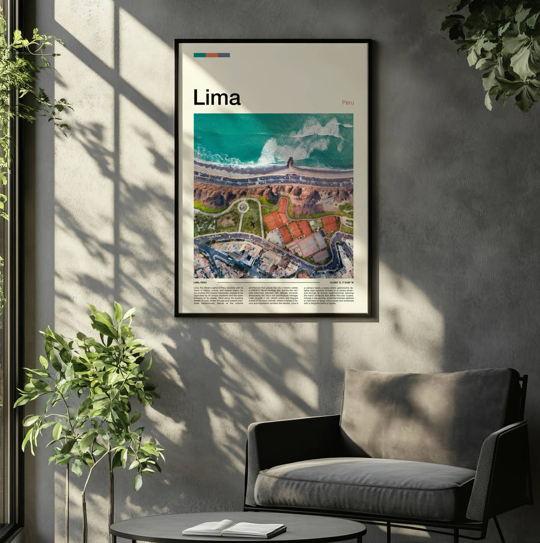 Lima Coastal Cliffs From Above Travel Print framed on the wall of a relaxed living room