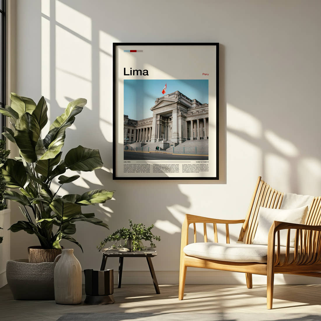 Lima Palace Of Justice Travel Print framed on a pale wall beside houseplants