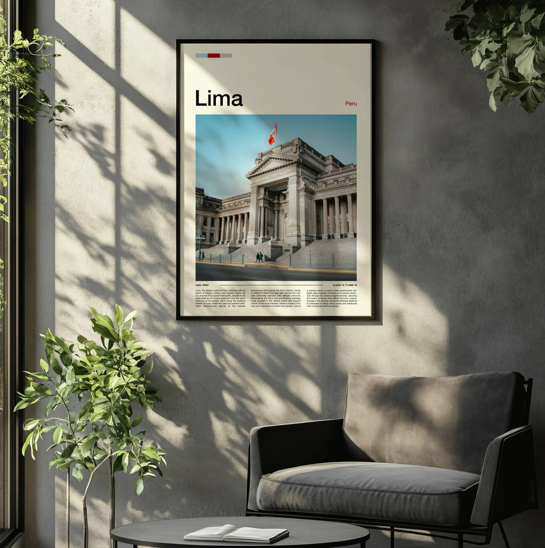 Lima Palace Of Justice Travel Print framed on the wall of a relaxed living room