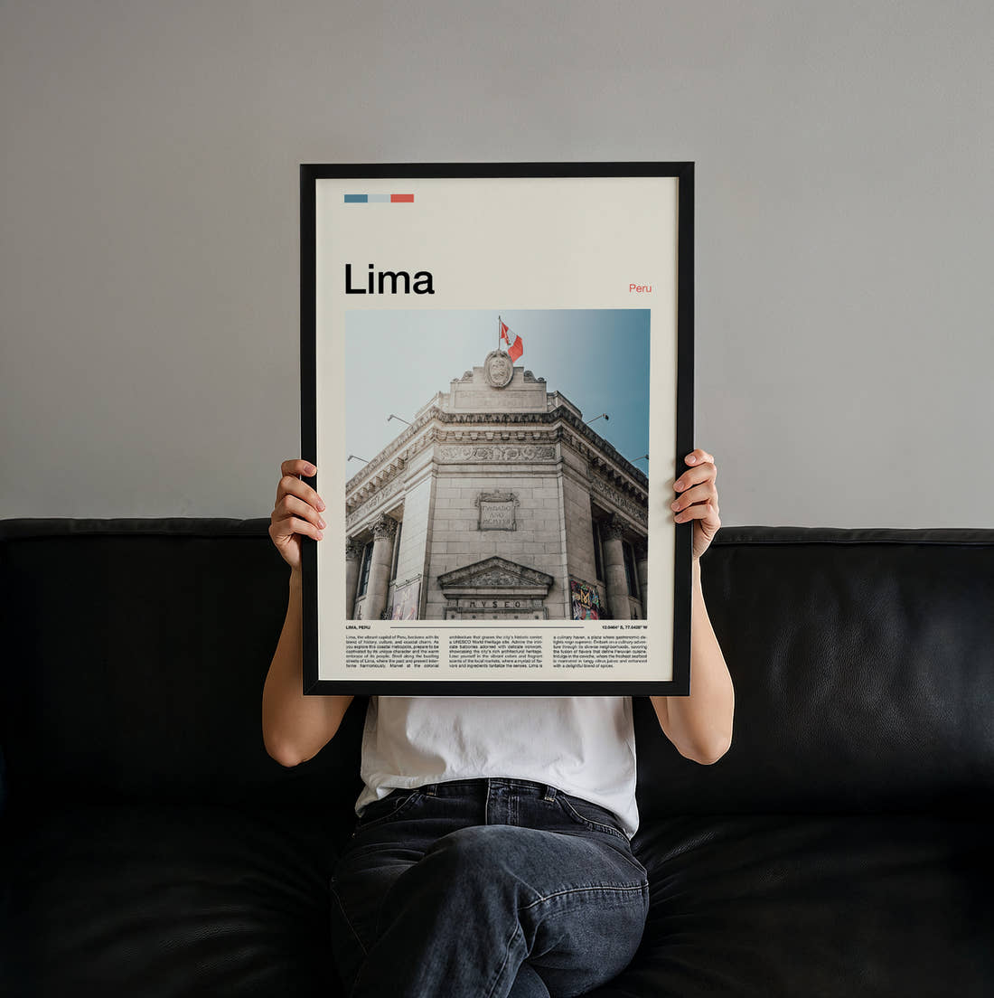 Lima Central Reserve Bank Travel Print held up by hand to show the size of the print