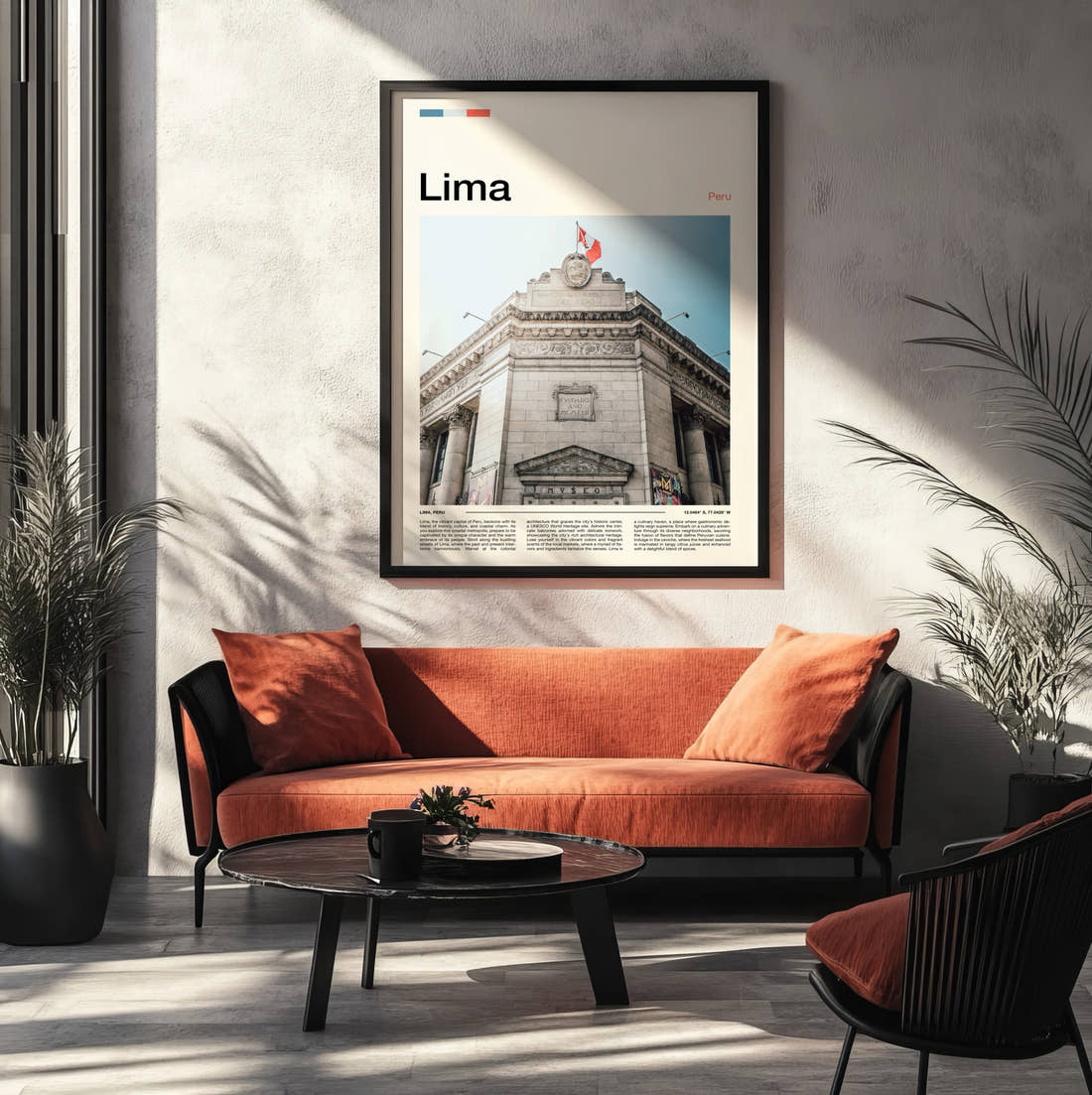 Lima Central Reserve Bank Travel Print framed on the wall of a modern living room