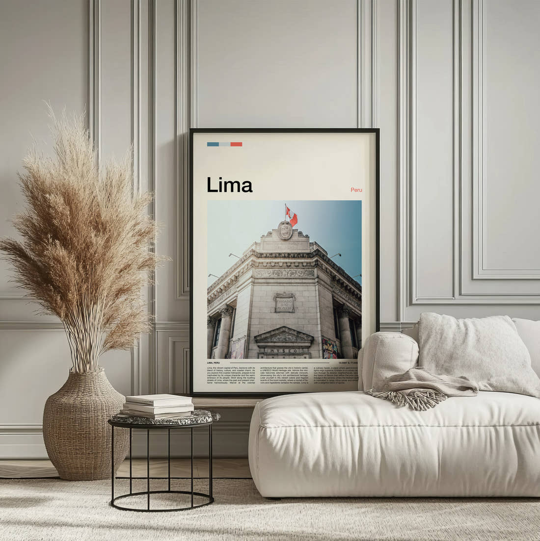 Lima Central Reserve Bank Travel Print framed on the wall of a calm, neutral bedroom
