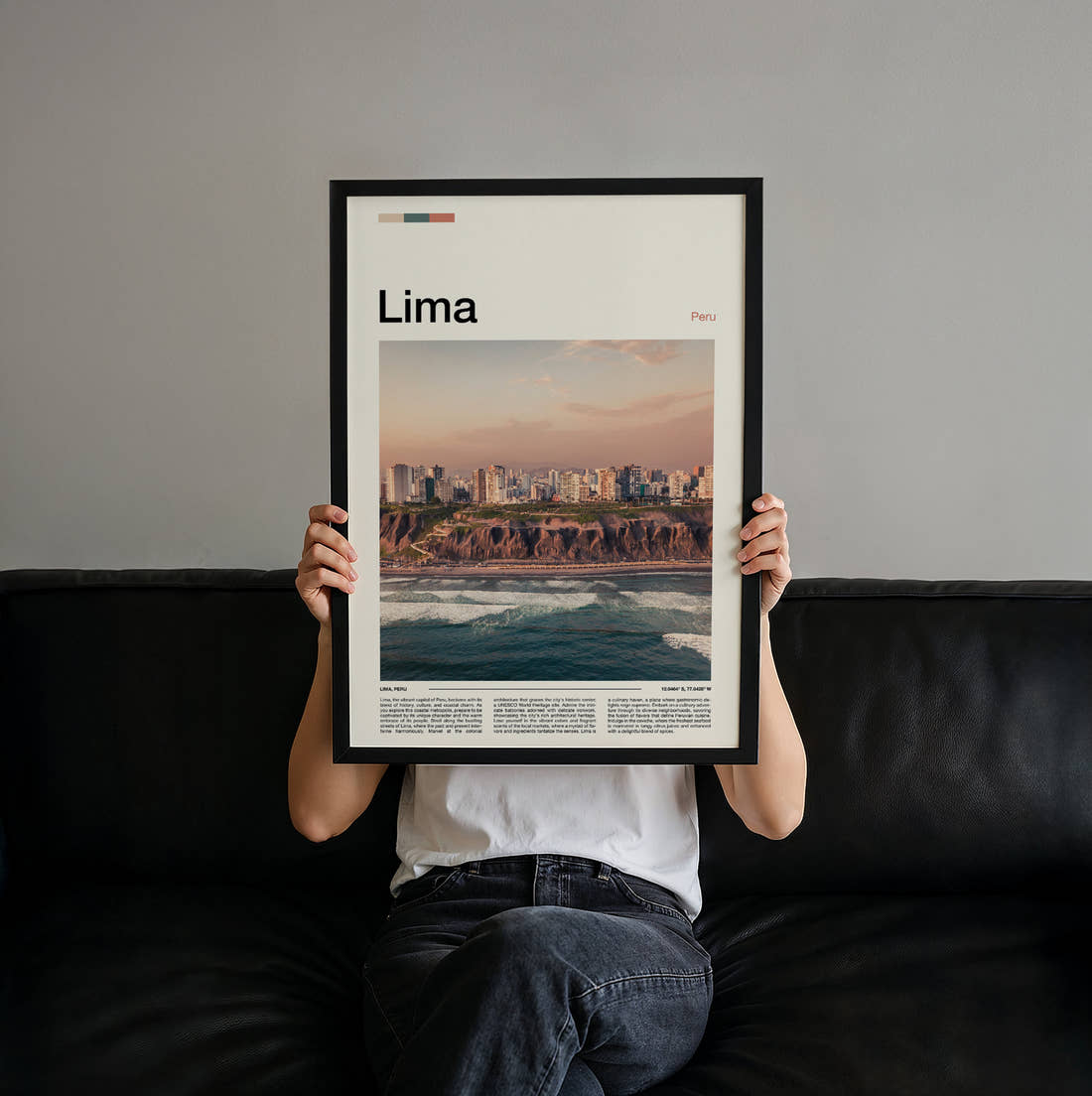 Lima Coastal Cliffs Travel Print held up by hand to show the size of the print