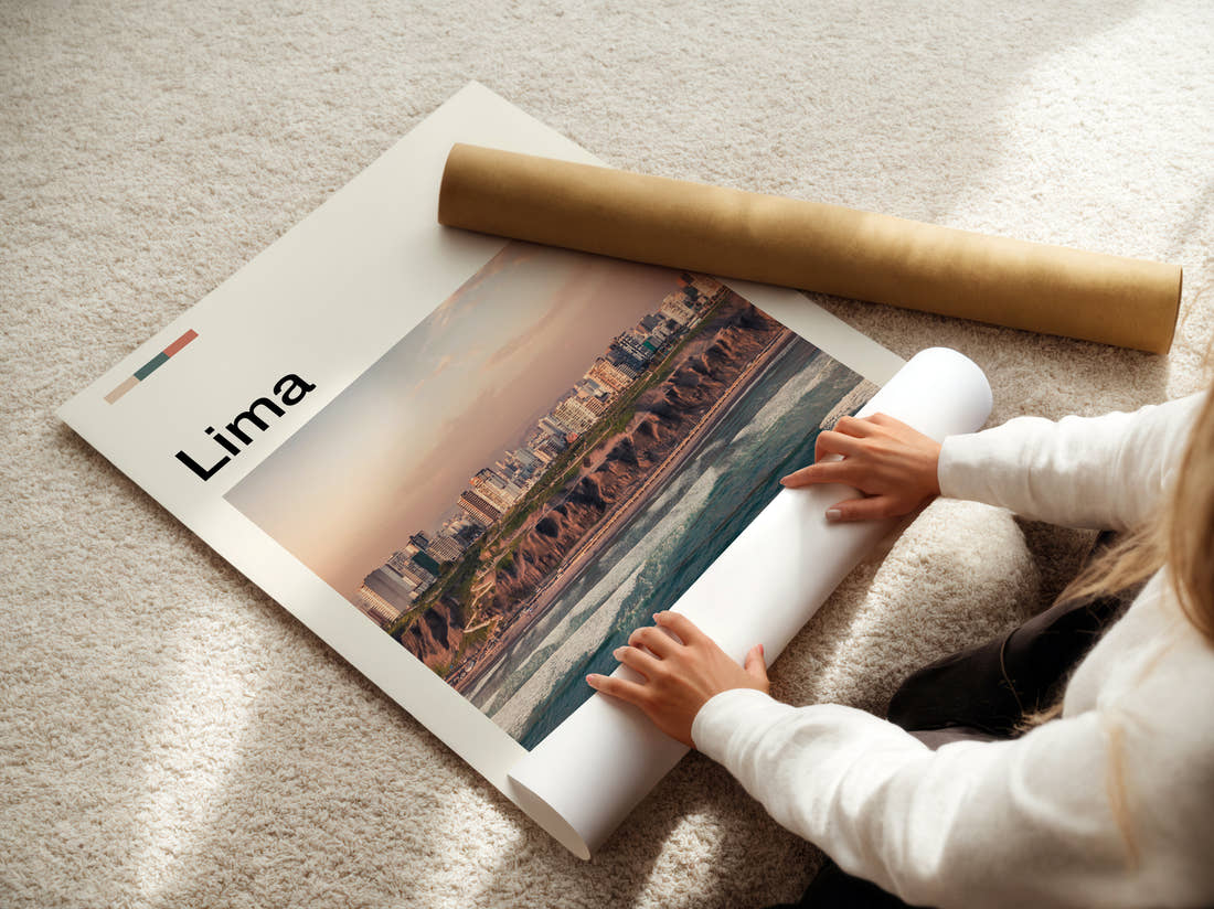 Lima Coastal Cliffs Travel Print being unrolled from its postal tube