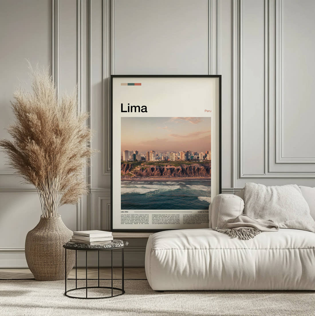 Lima Coastal Cliffs Travel Print framed on the wall of a calm, neutral bedroom