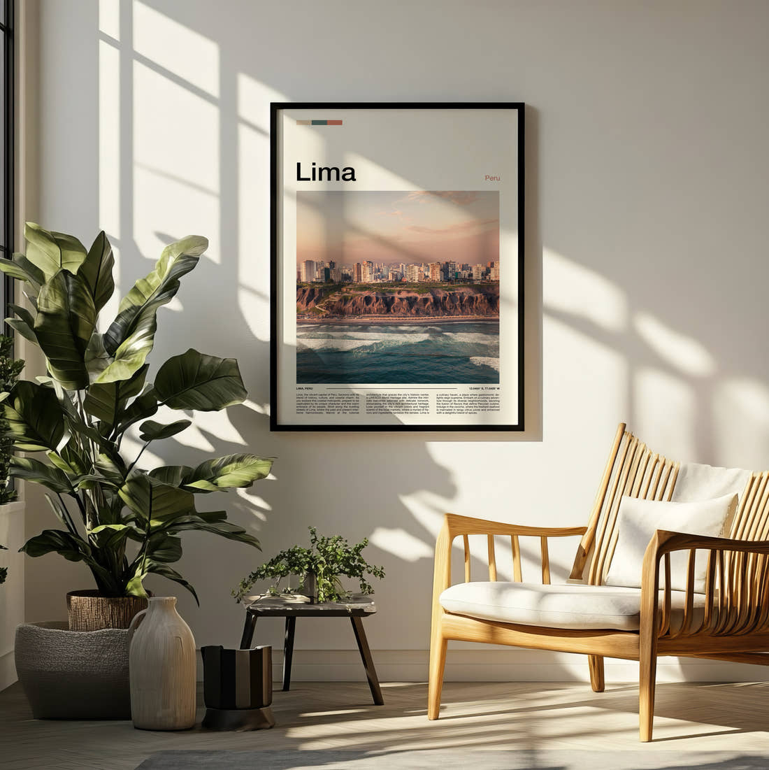 Lima Coastal Cliffs Travel Print framed on a pale wall beside houseplants