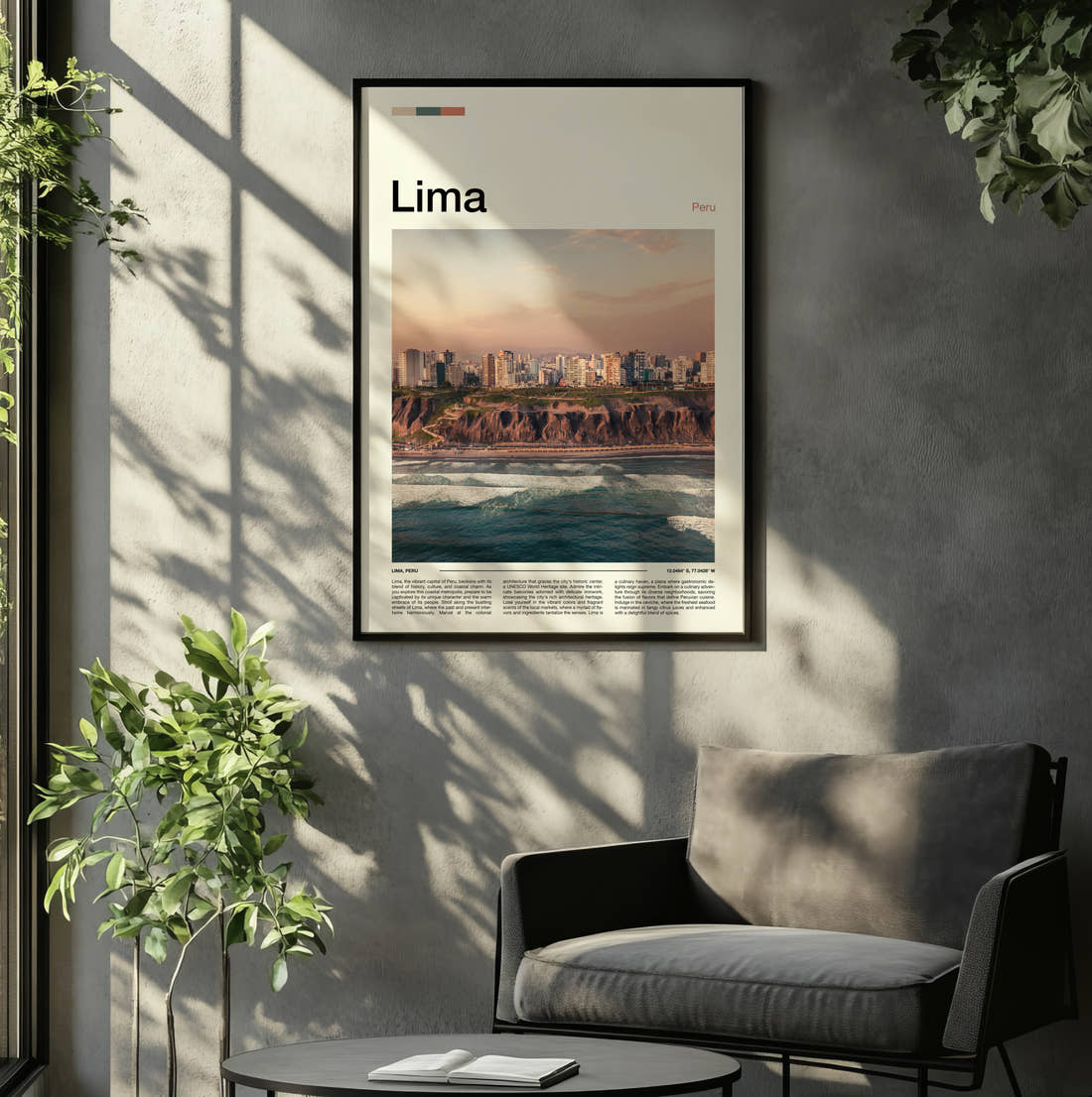 Lima Coastal Cliffs Travel Print framed on the wall of a relaxed living room