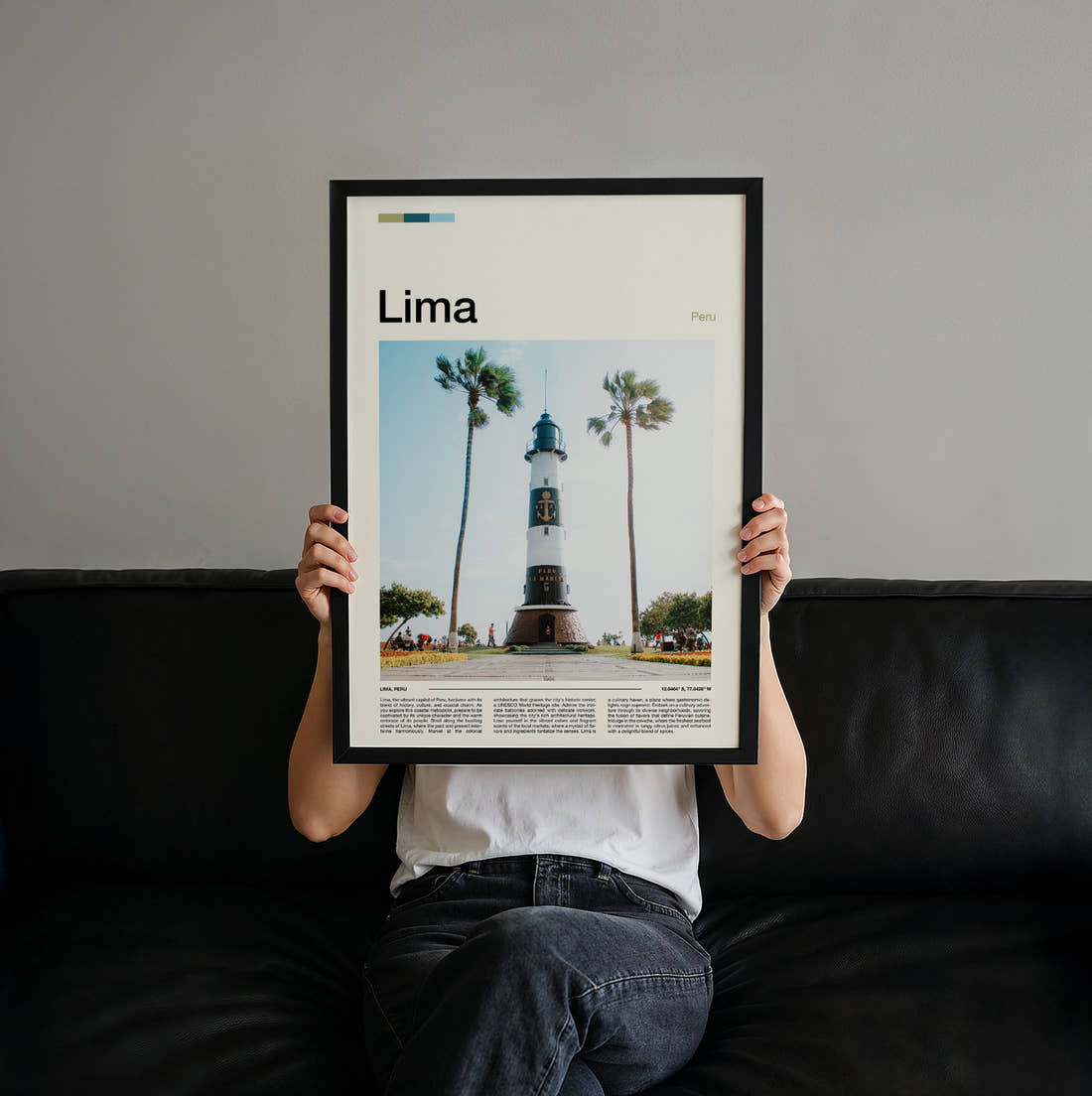 Lima Lighthouse And Palm Trees Travel Print held up by hand to show the size of the print